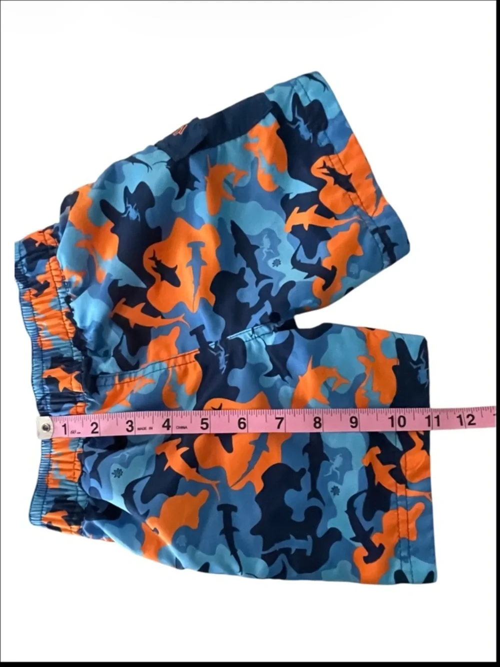 UVSkinz Orange Rash Guard Set with Blue & Orange Shark Camo Swim Trunks